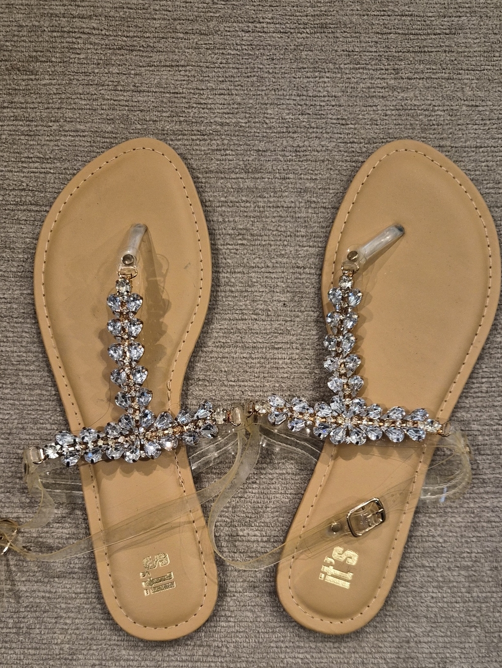 Beige Crystal-Embellished Clear Strap Sandals